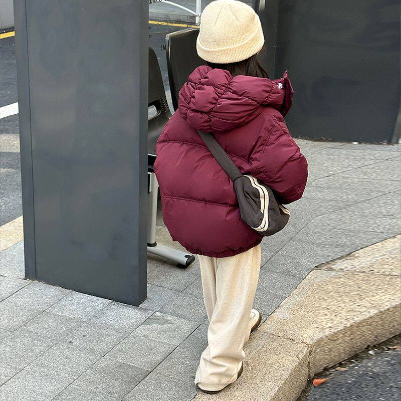 女童冬装羽绒服新款洋气纯色短款加厚连帽棉服洋气中大童加厚外套