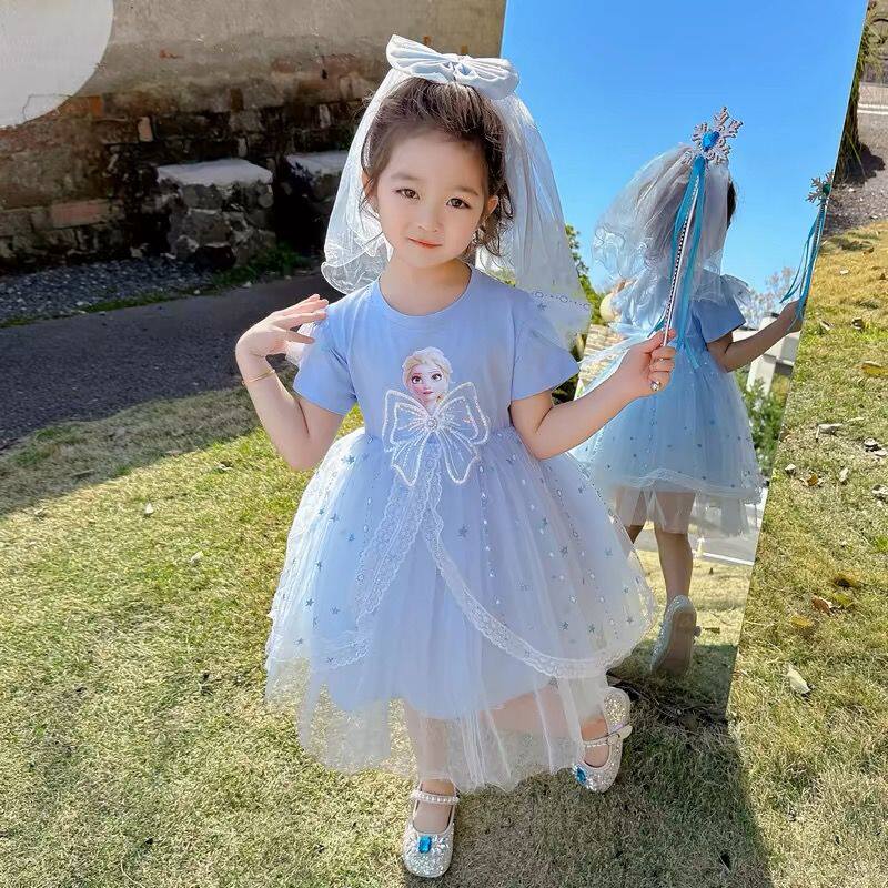 女童连衣裙秋夏季长袖蝴蝶结艾莎公主裙蓬蓬莎爱莎连衣裙冰雪奇缘