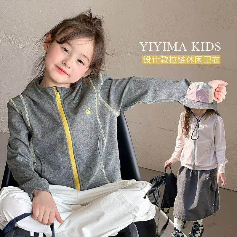 儿童外套无骨连帽韩版春秋上衣休闲风撞色卫衣女童可爱洋气拉链衫