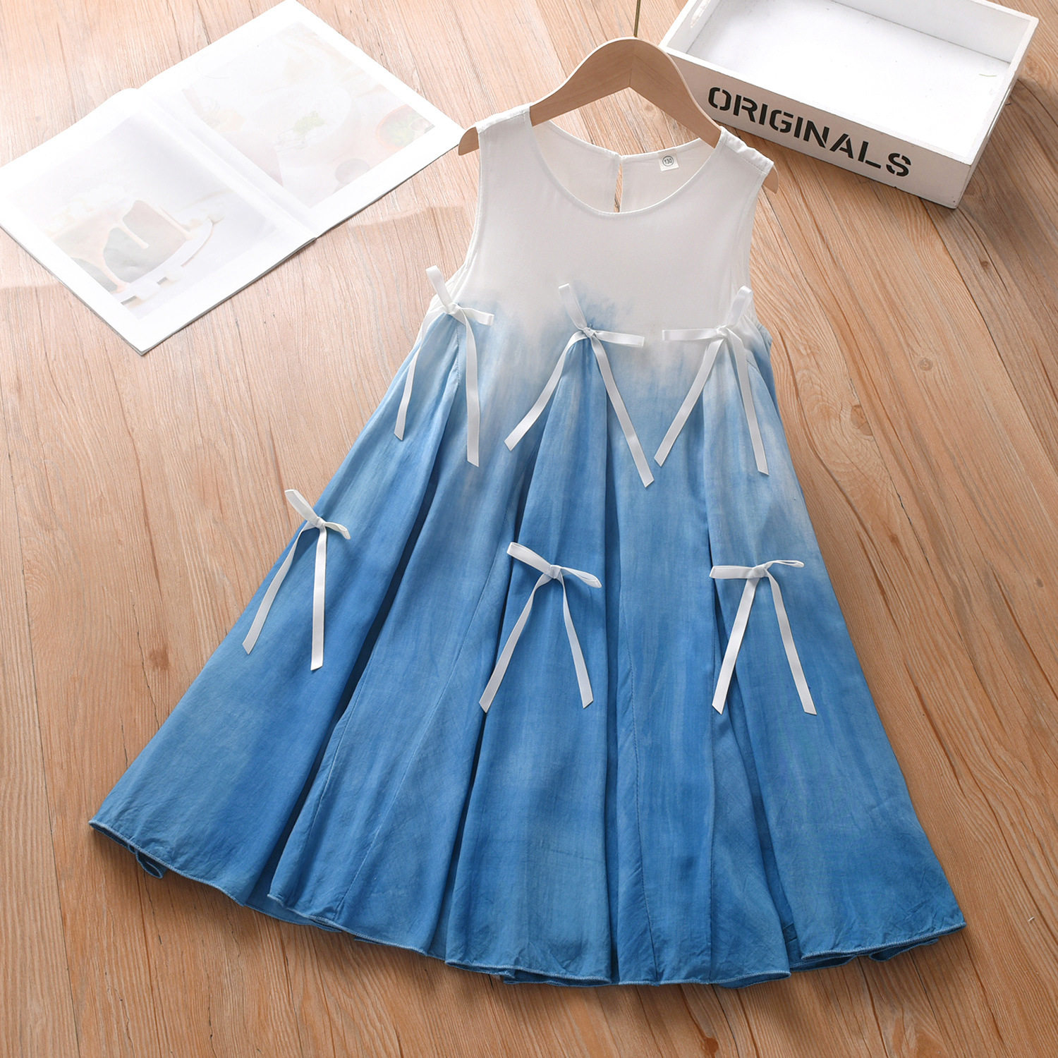 云南古法扎染大蝴蝶结背心裙女童洋气棉绸公主连衣裙蓝染甜美裙子