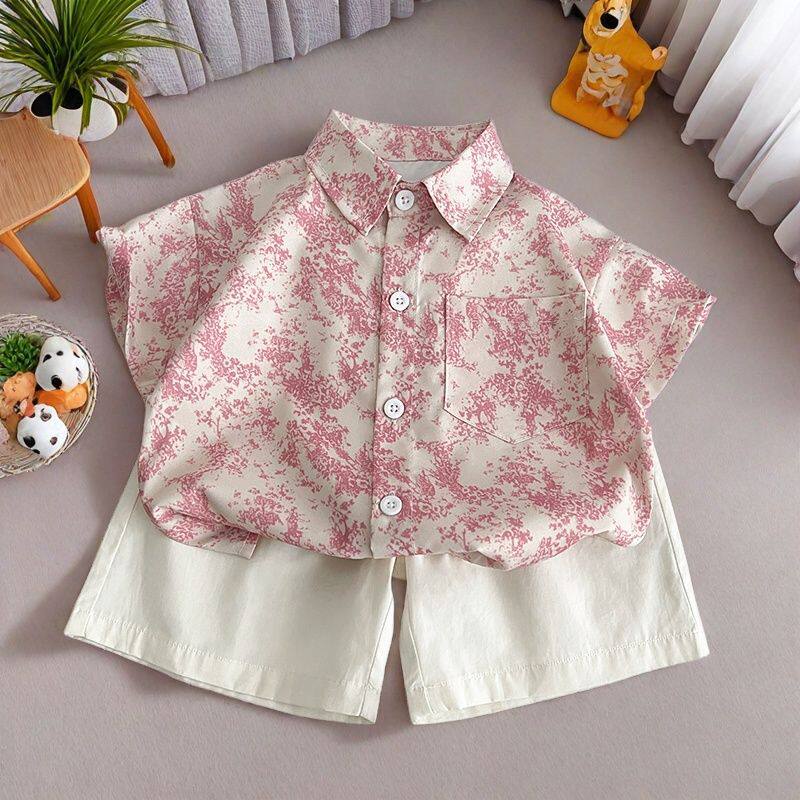 粉色夏季儿童短袖衬衫2026新款夏装男童宝宝女童两件套套装休闲