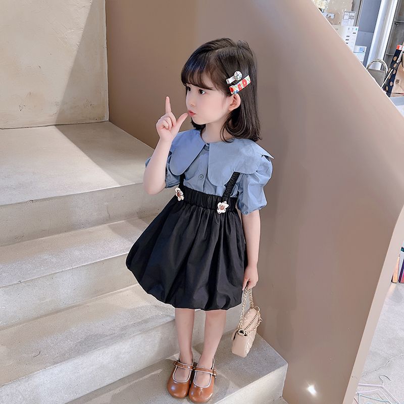 女童短袖夏装两件套洋气背带夏季儿童女童背带裙新款连衣裙套装