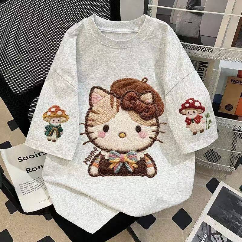 2026夏季女童纯棉短袖T恤洋气凯蒂猫仿刺绣印花中大童宽松上衣服