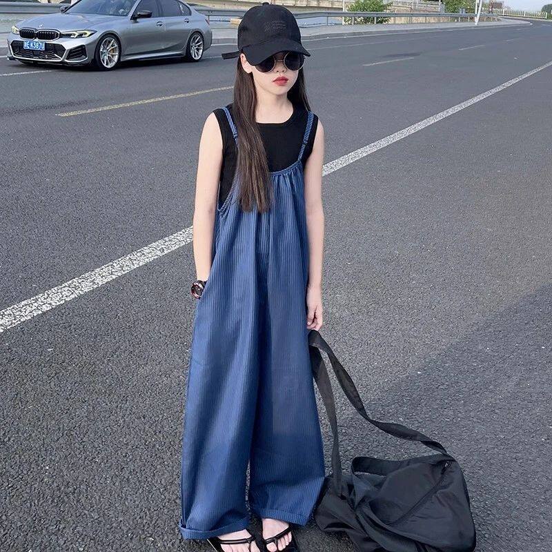 女童夏季套装爆款2026新款洋气中大童高级宽松夏装背带阔腿长裤潮