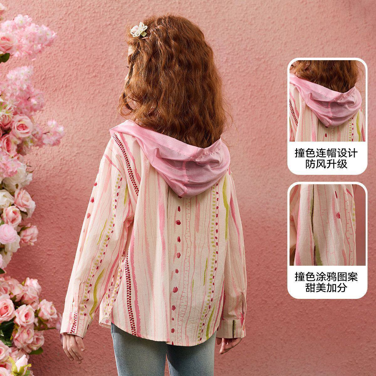 中大童格子防晒衣夏季长袖衬衣薄款儿童防晒衣纯棉连帽衬衫女外穿