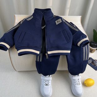 男童加绒套装秋冬2025新款中小童男孩运动装时髦潮酷休闲衣服韩版
