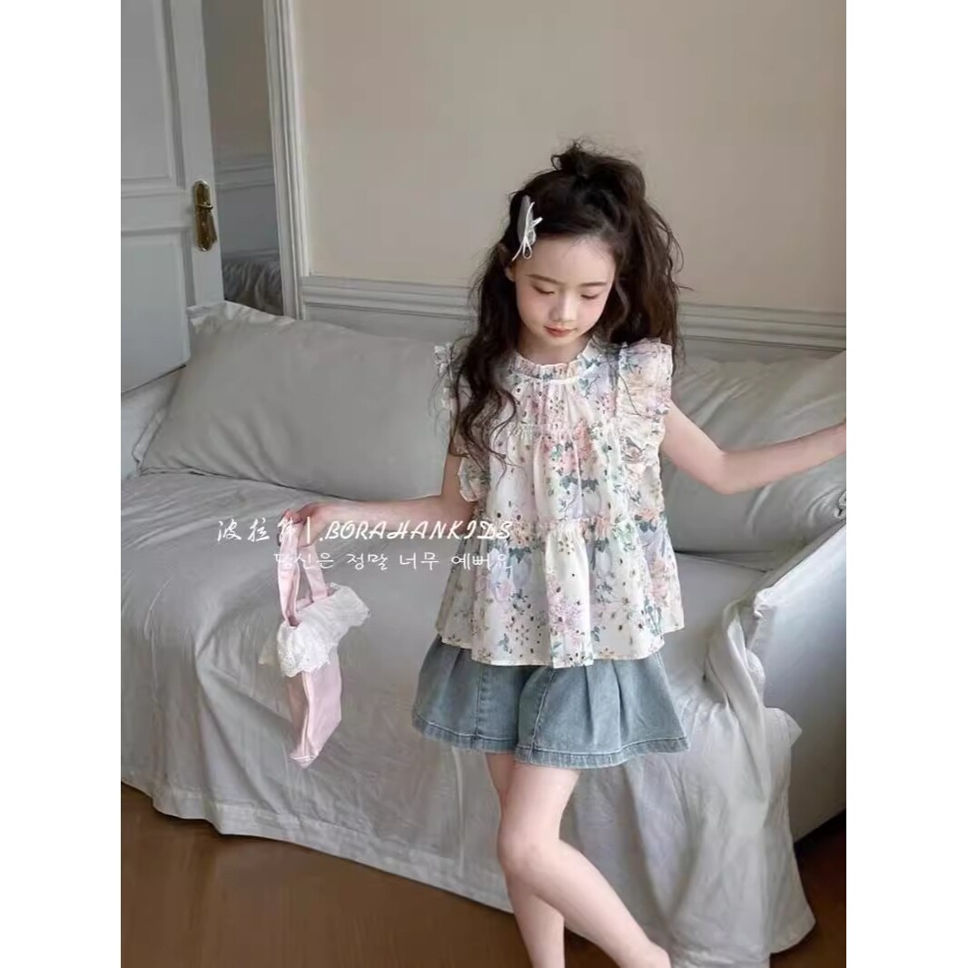 女童小飞袖衬衫夏季童装2026小女孩碎花娃娃衫中大童短袖泡泡袖