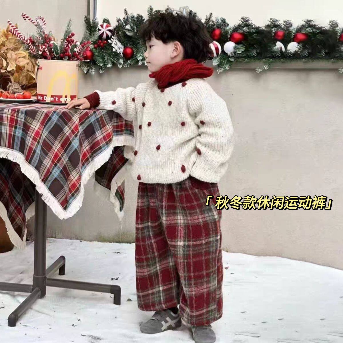 冬季新款加绒加厚童装男童休闲卫衣套装ins潮流百搭毛呢格子裤