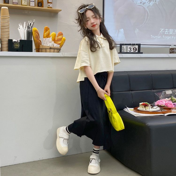 女童套装裙夏装2026新款大儿童Polo短袖T恤女孩工装半身裙两件套
