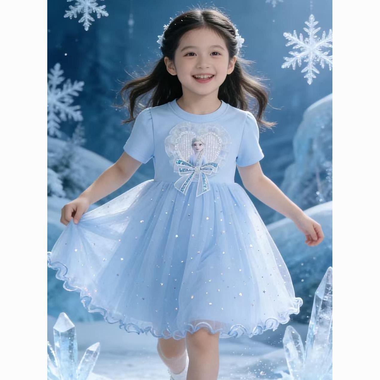 冰雪奇缘爱莎公主裙女童短袖连衣裙纯棉儿童爱沙生日裙子夏季新款