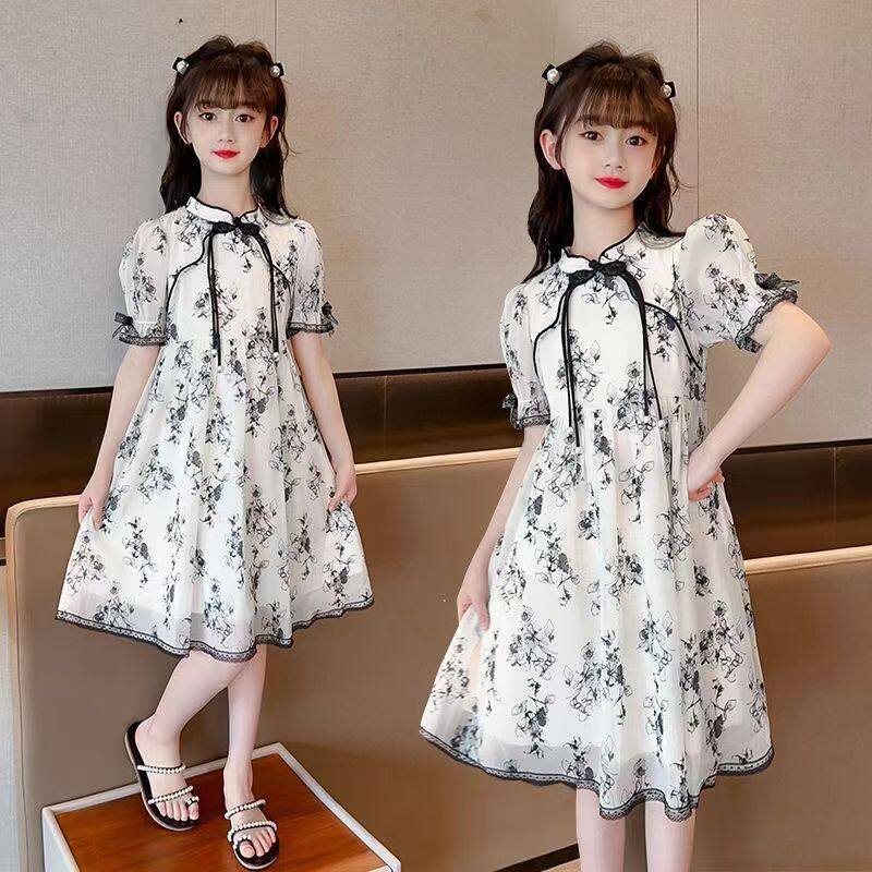 小女孩水墨画连衣裙夏季2024新款儿童洋气夏装女孩短袖雪纺公主裙