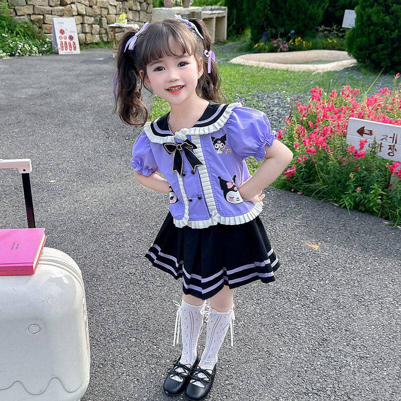小女童jk夏装套装新款海军领卡通库洛米短袖中小童jk百褶裙两件套