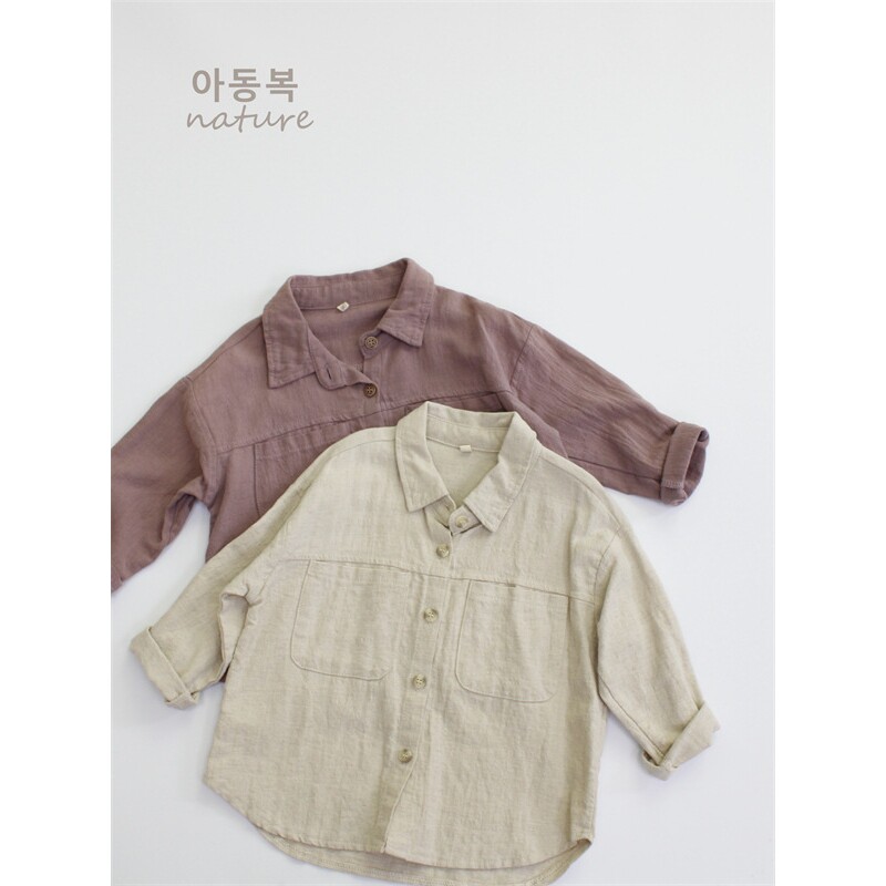 春季儿童衬衫棉麻纯色男童衬衣韩版休闲女童上衣长袖a类一件代发