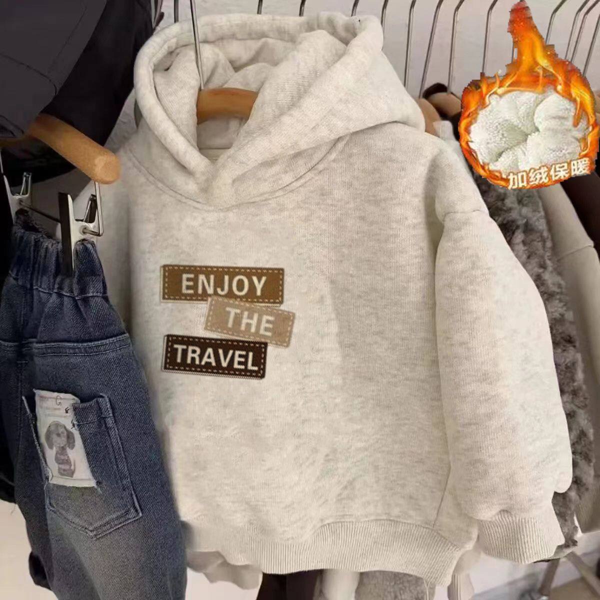连帽加绒加厚卫衣青少年2026新款美式秋冬季男女童百搭休闲上衣潮