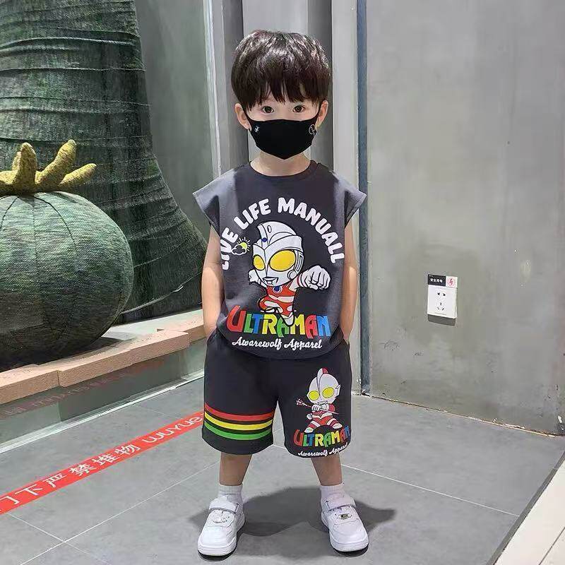 新款夏季短袖奥特曼帅气男童透气两件套套装休闲短裤夏装时髦T恤