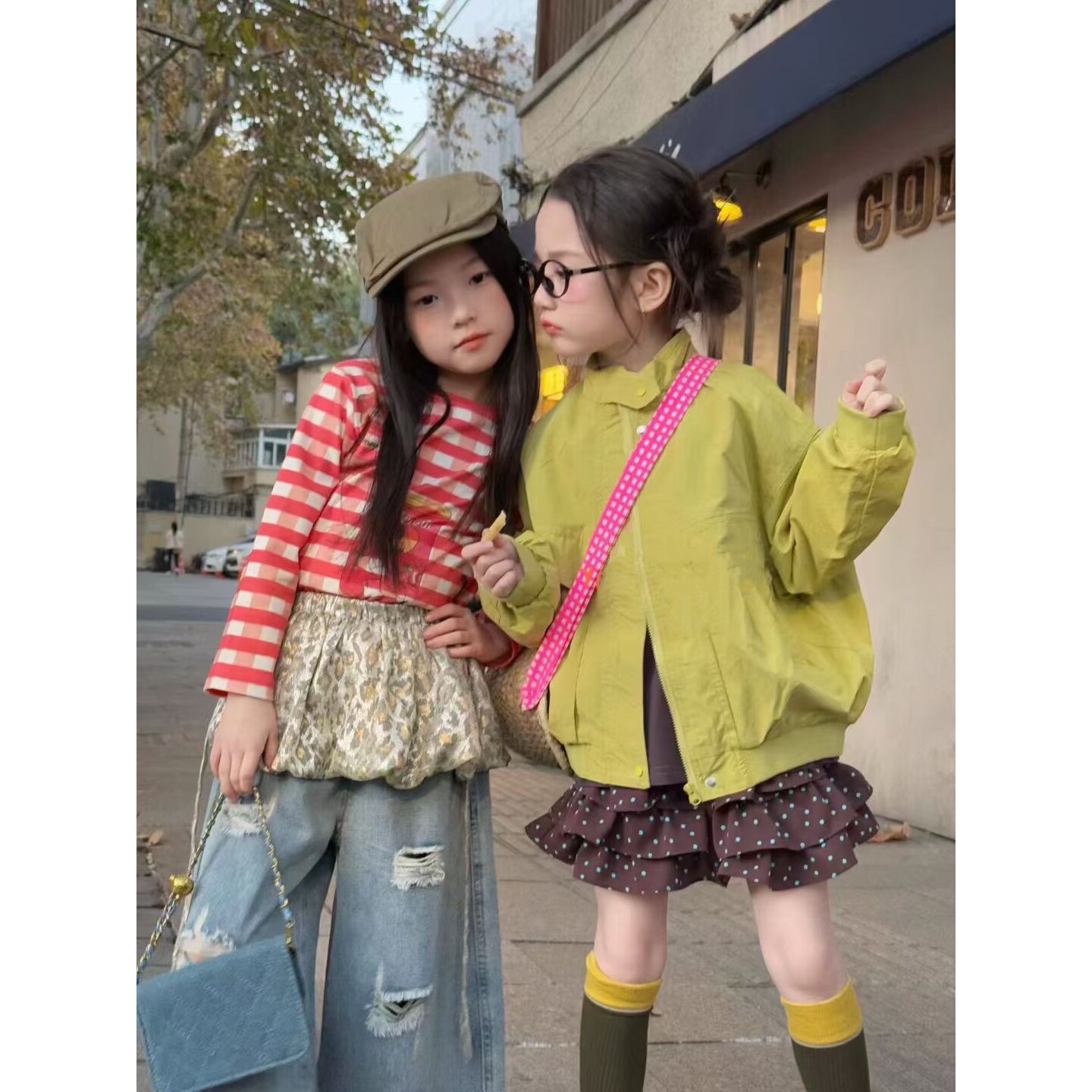 26春夏新款童装女童条纹T恤豹纹屁帘破洞牛仔裤儿童夹克开半身裙