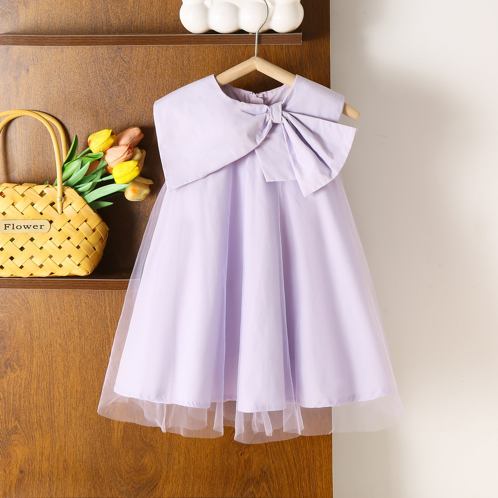 女童礼服裙蝴蝶结纯色无袖公主裙儿童连衣裙防紫外网纱裙防晒女孩