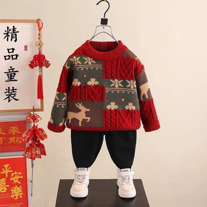 男童毛衣秋冬加厚红色儿童新款衣衣2026针织衫女宝宝圣诞雪花上衣