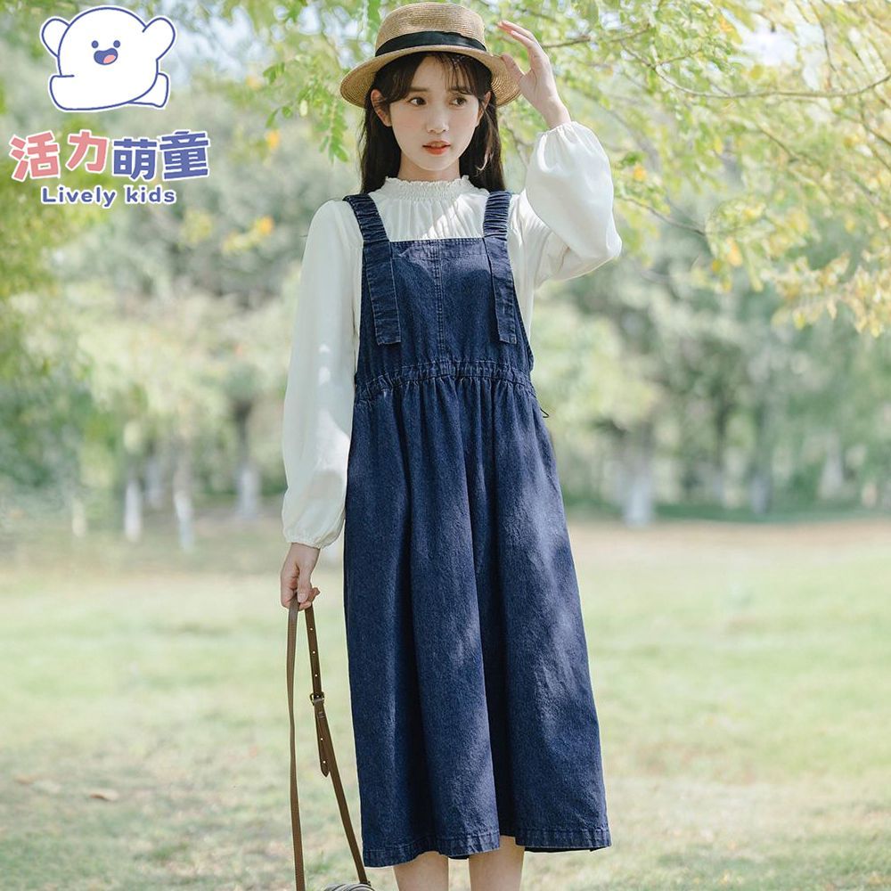 女童宽松牛仔背带连衣裙短袖衬衫两件套大童春夏装甜美背带裙套装