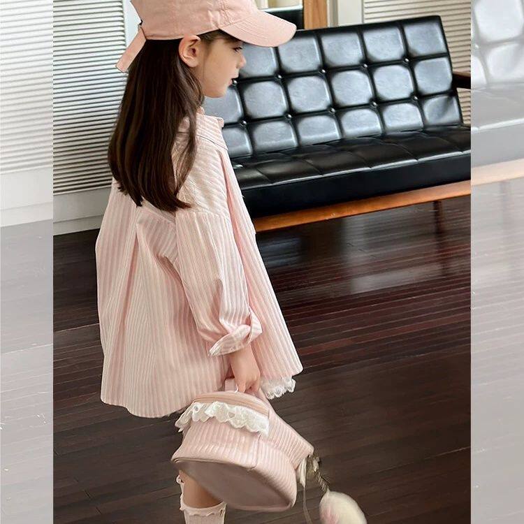女童衬衫韩版洋气百搭条纹翻领衬衫春秋装新款女童休闲宽松上衣潮