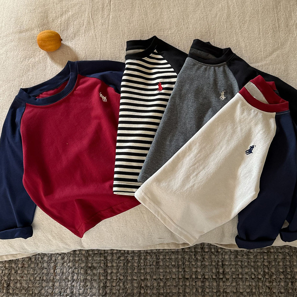 纯棉男女儿童装t恤长袖上衣2026新款潮牌插色条纹休闲百搭打底衫