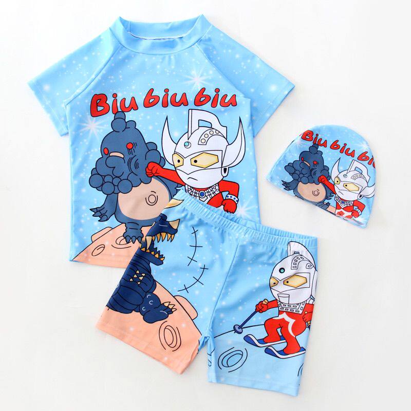 儿童泳衣男孩奥特曼打怪兽中小童分体速干短袖舒适平角短裤三件套