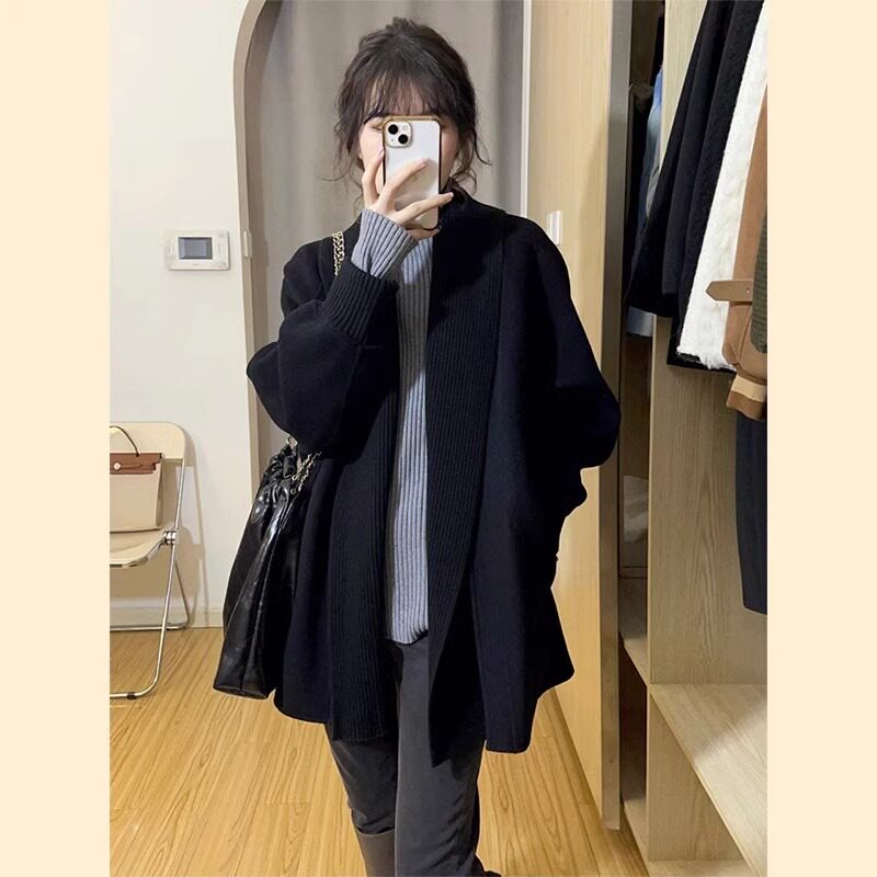 潮牌黑色毛衣针织开衫女2026春秋新款洋气通勤中长款拼接毛衣外套