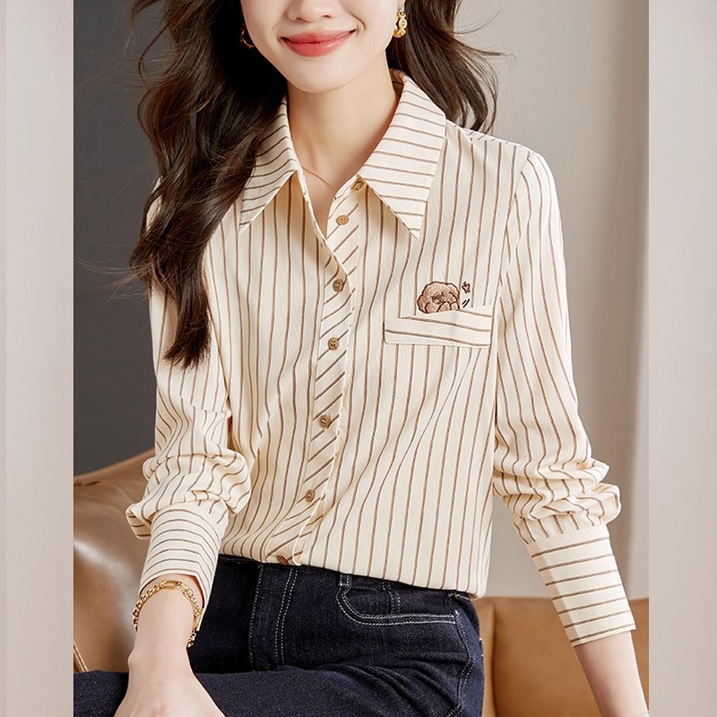 潮牌杏色条纹刺绣长袖衬衫女秋冬高端职业工装服宽松百搭减龄衬衣