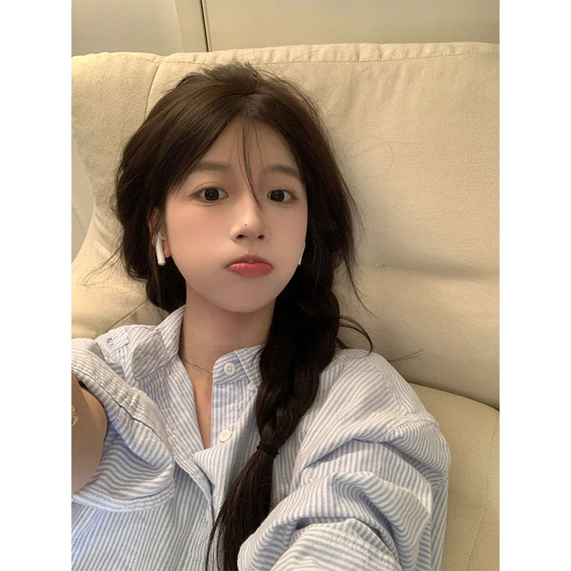 潮牌1212蓝色条纹长袖衬衫外套女春秋宽松显瘦上衣设计感小众衬衣