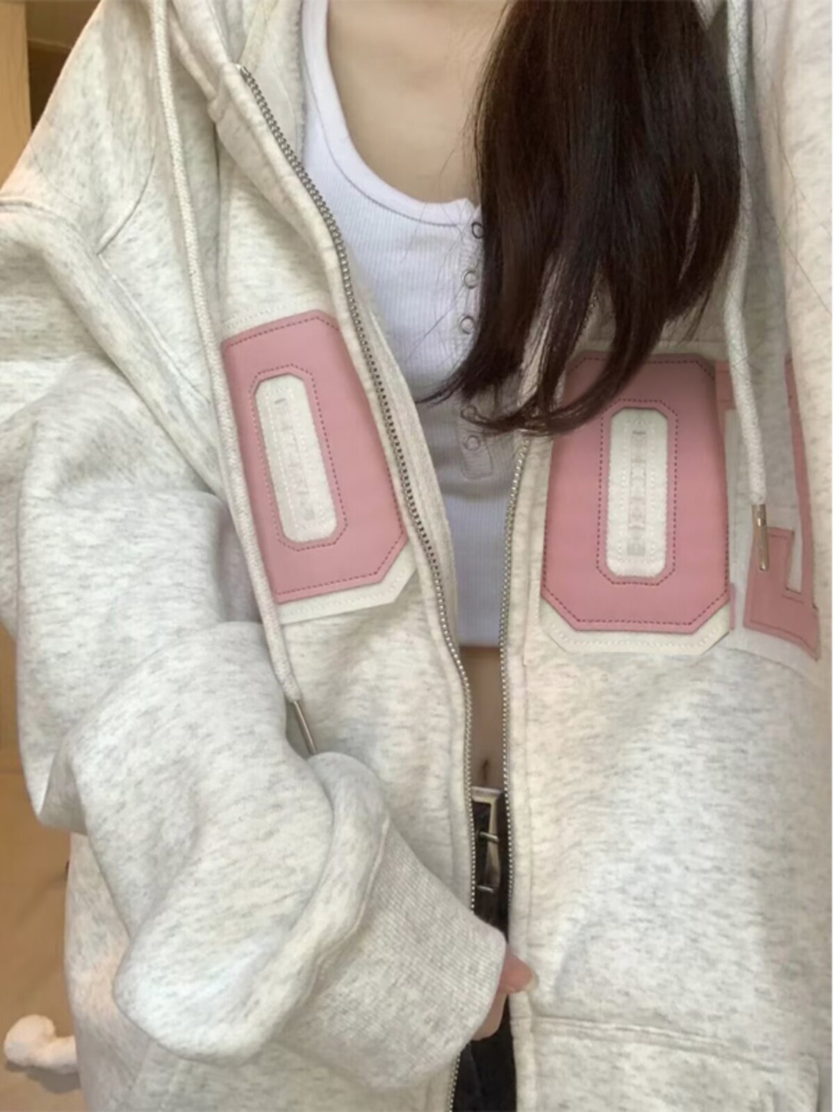 潮牌1212外套女春秋款卫衣开衫秋季灰色情侣加绒加厚拉炼连帽外套