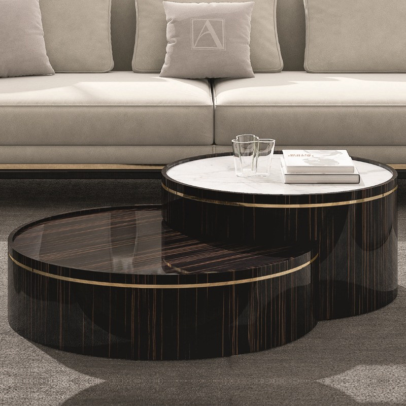 后现代轻奢风创意圆形黑檀木饰面茶台港式客厅家具组合大理石茶几