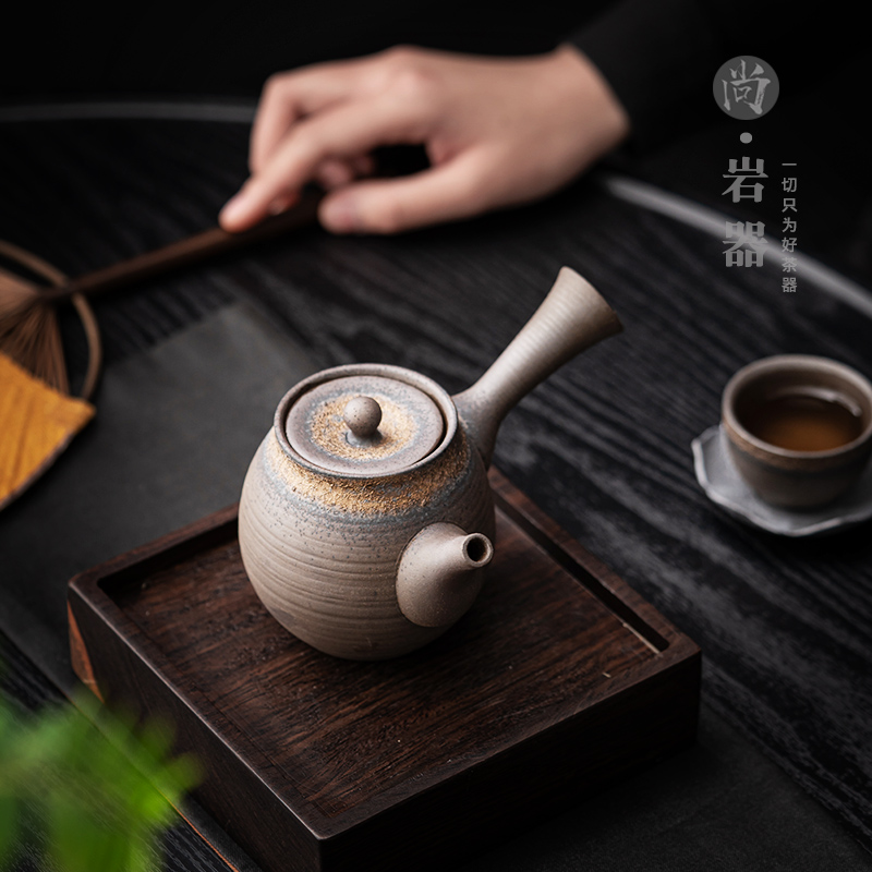 尚岩日式侧把壶带过滤粗陶茶壶