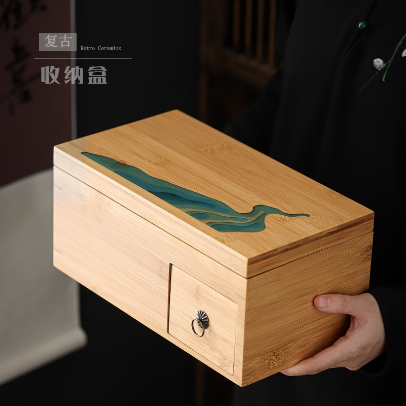 尚岩 竹制茶盒多功能茶盘茶具收纳盒功夫茶具家用储水式茶台竹盒