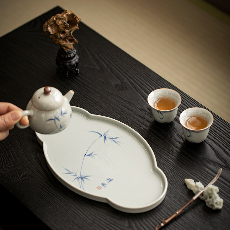 创意竹子手绘茶盘一壶二杯泡茶干泡小茶台陶瓷茶托盘功夫茶具壶垫