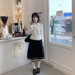 蝴蝶结波点花边裙套装 lulucake 雪纺尖领蝴蝶结衬衫 长袖 小圆点