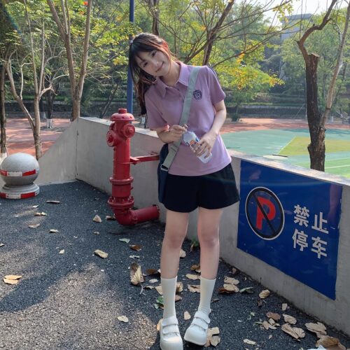 Lulu cake polo衫短袖夏季T恤学院风休闲百搭上衣女套装花苞短裤