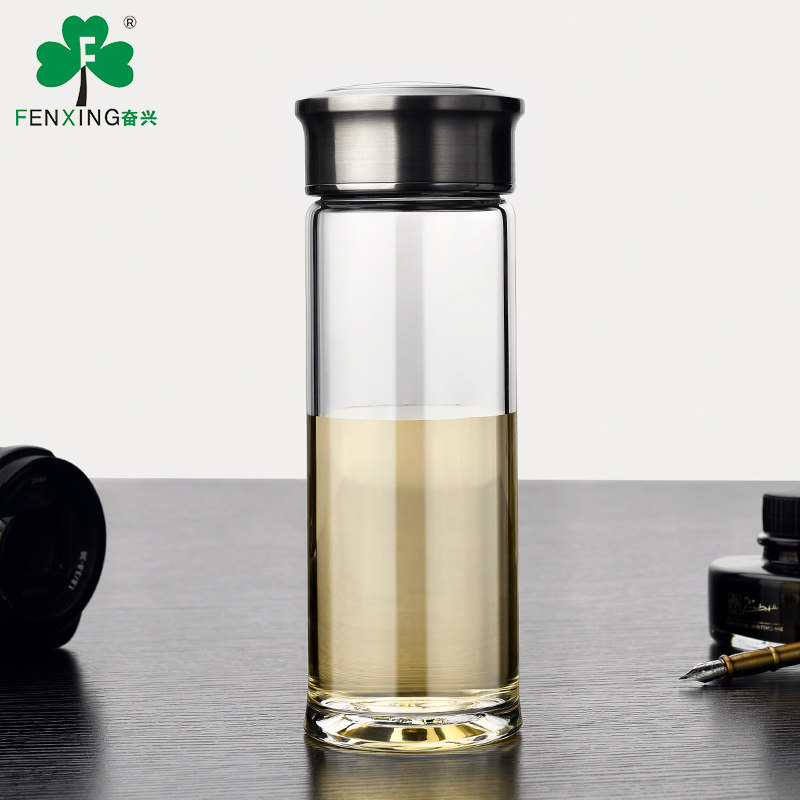 奋兴单层玻璃杯大容量不锈钢盖商务送礼泡茶杯男水杯fx1778/505ml