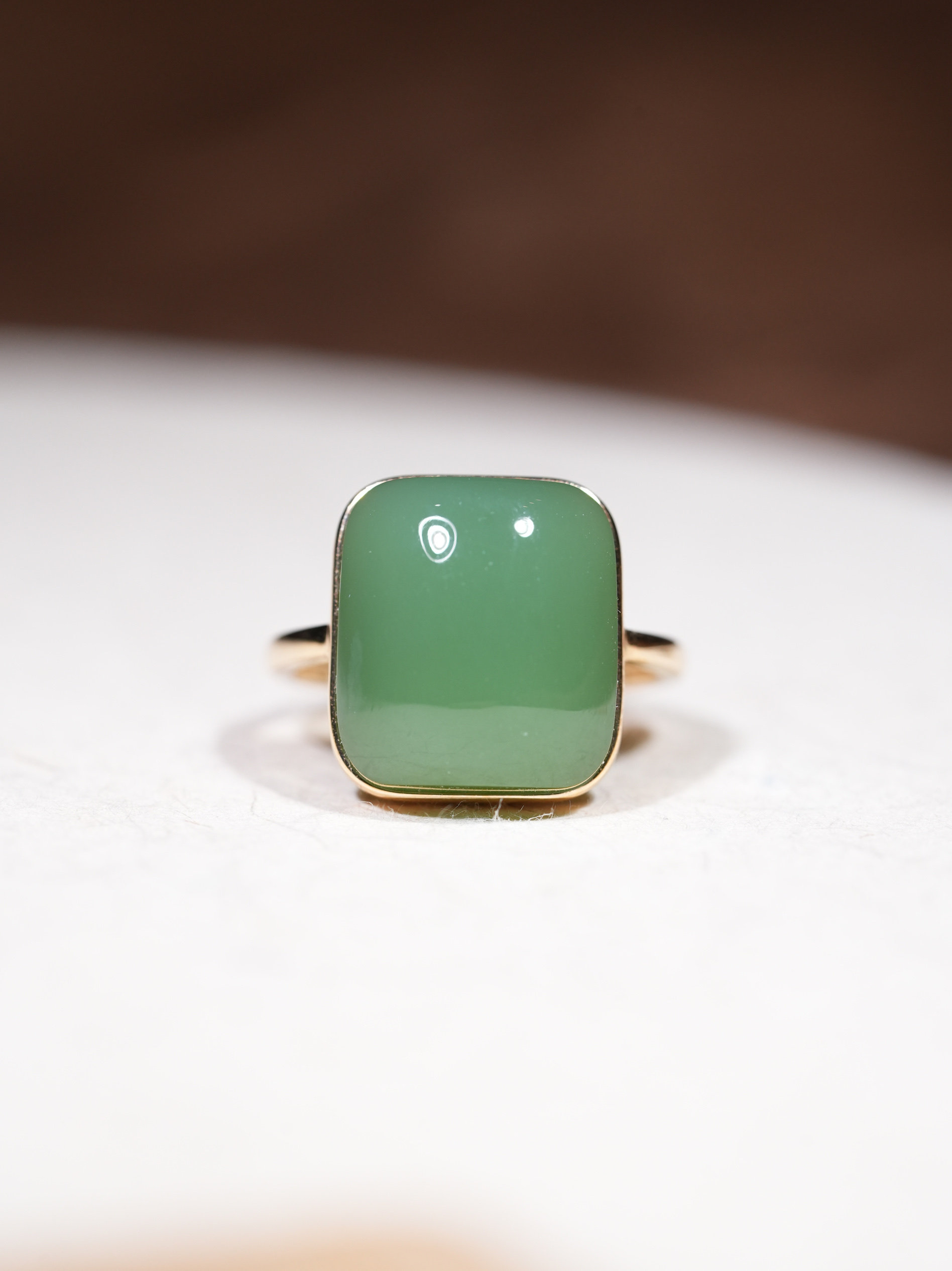18k金镶嵌和田玉碧玉粉青戒指方形新款简约时尚粉绿戒指