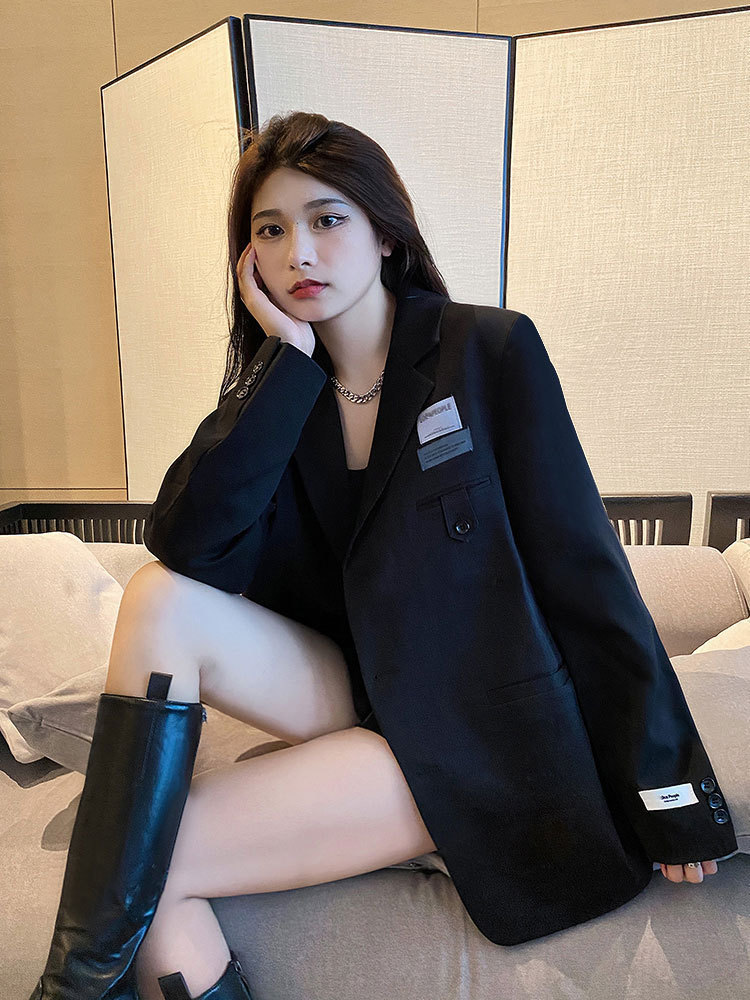 UU定制/韩版小西装外套女2025春秋新款宽松设计感小众黑色西服潮