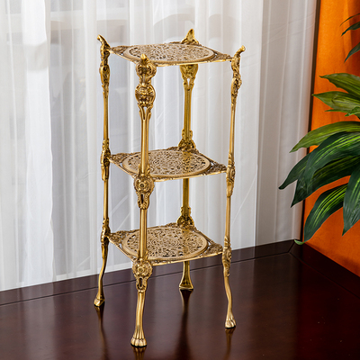 复古雕花置物架客厅边桌三层镂空花架轻奢黄铜收纳架边几