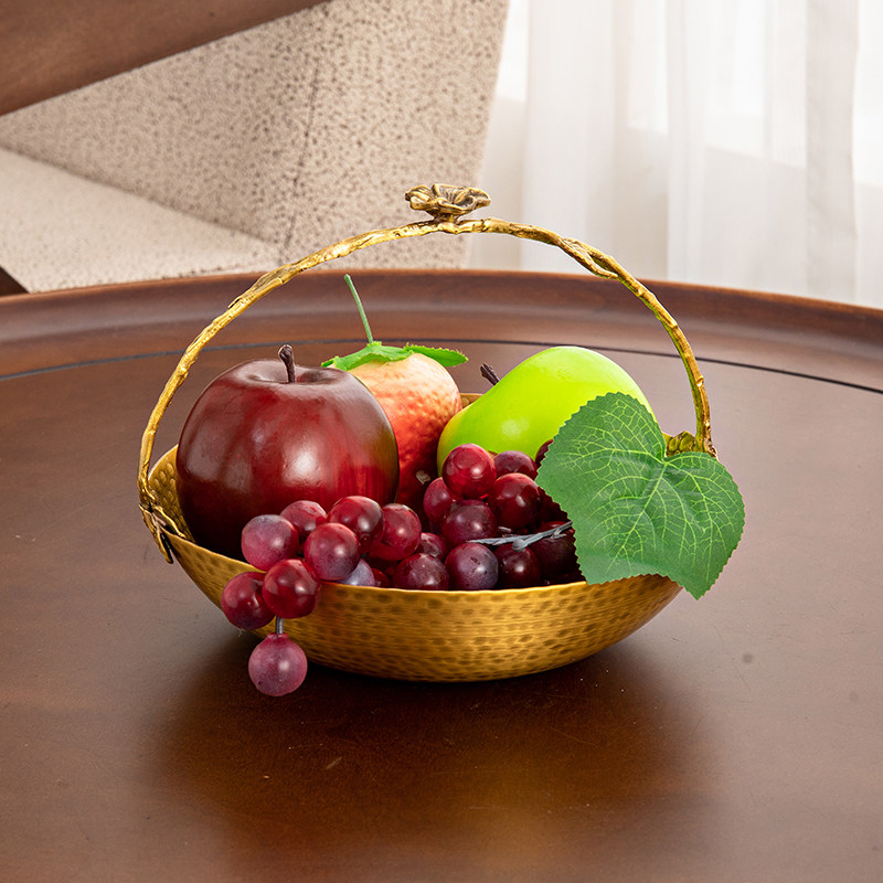 美式复古做旧高级感黄铜手提果盘水果篮茶几餐桌果篓家居用零食盘