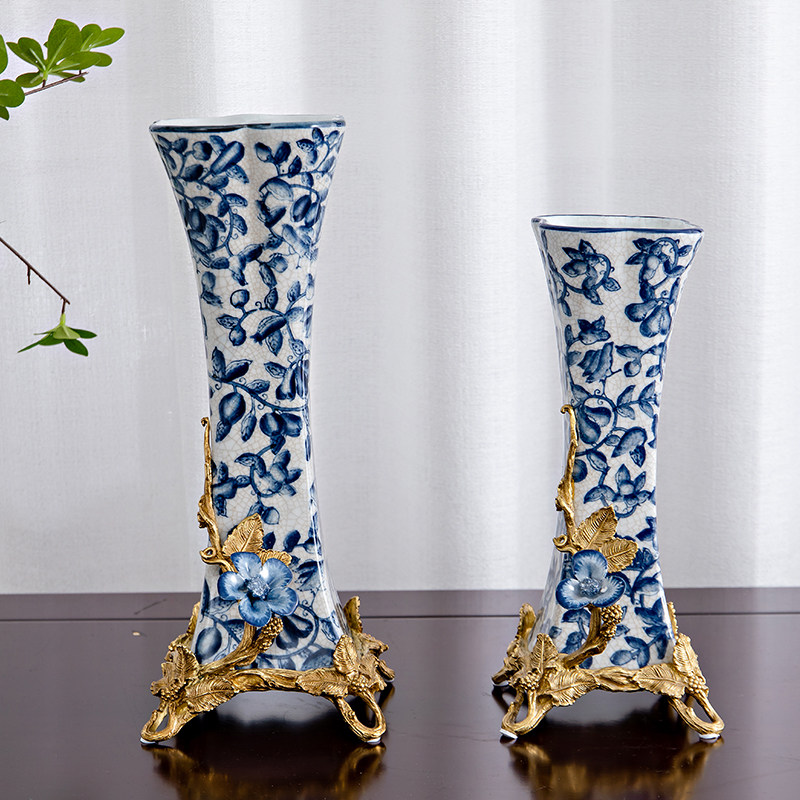 美式奢华高端青花陶瓷镶嵌黄铜花瓶新中式家具客厅插花中古风花器,家居饰品,花瓶,淘宝优惠券,粉丝福利购,淘宝优惠卷