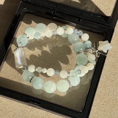 原创 |蓝月光桶珠奶蓝海蓝宝12.5mm白月光玉化蓝晶白玛瑙星星【50