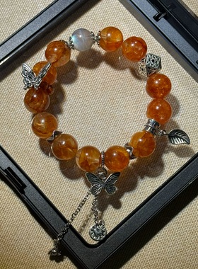 原创巴西金橙胶花12.4mm+焦糖石榴石+灰月光滋养美容舒缓睡眠调节