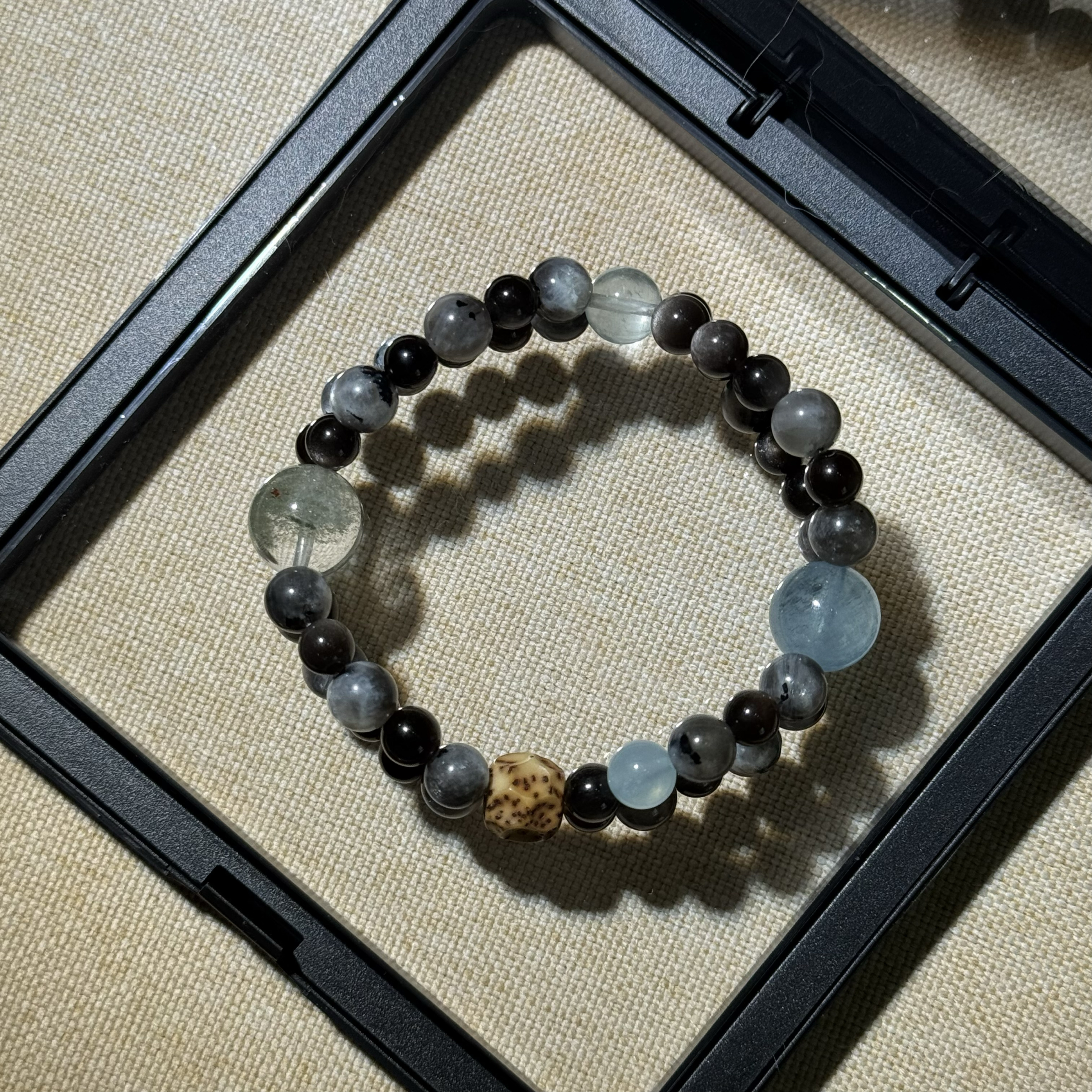 原创黑爆闪海蓝宝金沙千层绿幽灵绿萤石菩提星辉骨干银耀【H296】