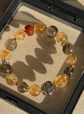 原创南红平安扣墩子+茶晶花朵+黄塔晶茶晶11mm旺财手串【176】