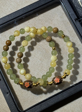 原创沉香花珠+和田晴水玉6mm黄方解石+黄木纹旺财趋避好运【H91】