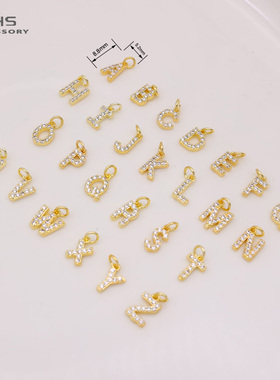 18K镀真金镶锆26字母吊坠挂件珍珠项链耳饰diy材料手工饰品配件
