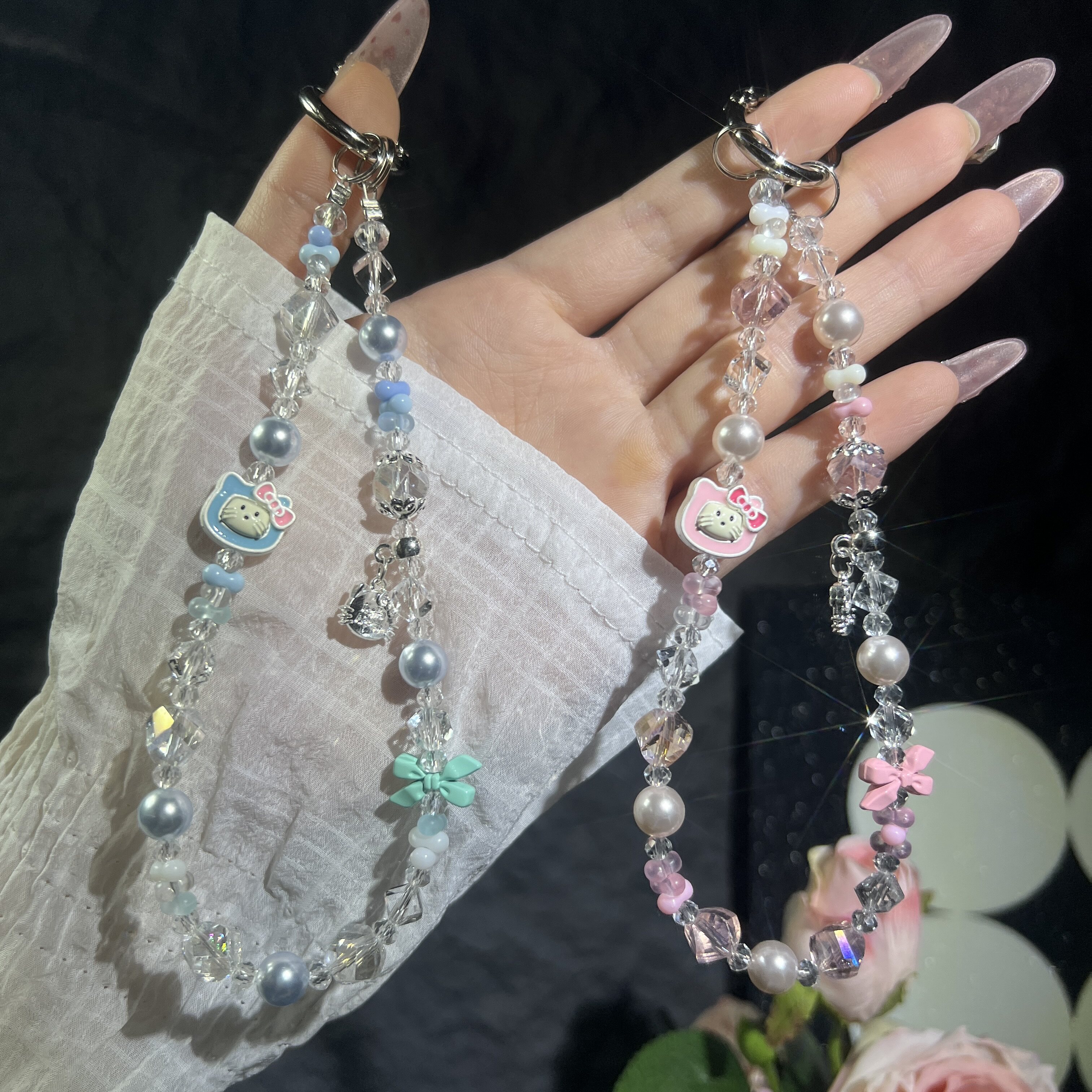 紫色水晶珠可爱猫流苏手机链可爱卡通钥匙扣高颜值百搭挂饰KT猫手提链防丢手机壳挂绳