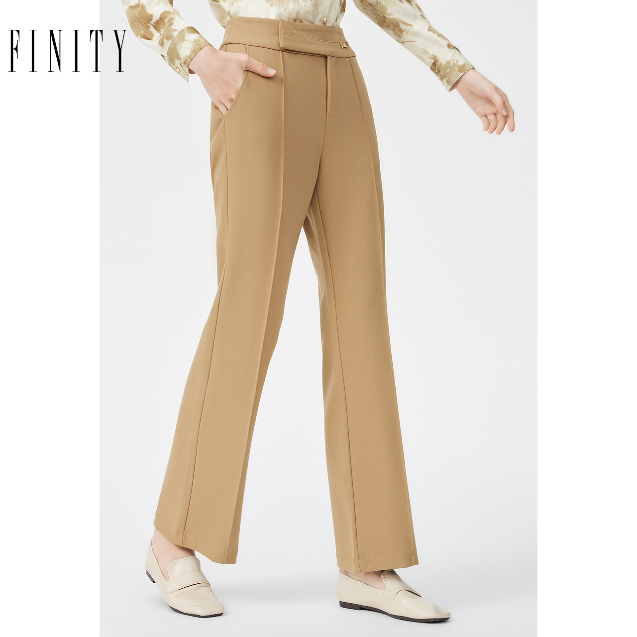 菲妮迪品牌休闲裤2024秋季简约卡其色高腰直筒时尚通勤长裤女